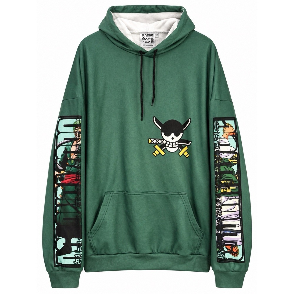 Anime Ape One Piece Roronoa Zoro Hoodie 5XL Green Graphic Pullover Streetwear